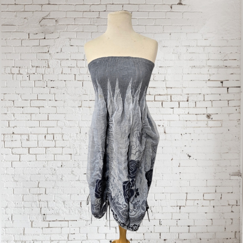 Lapis Smocked Dress Drawstring Ruching Floral Strapless Metallic Hi Lites